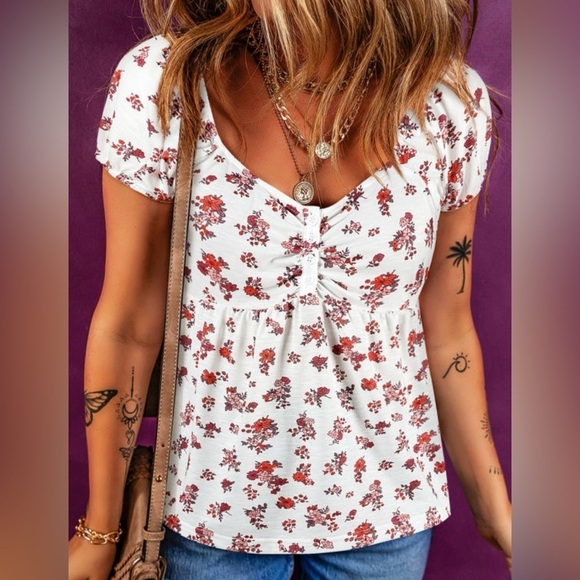 Halo & Harley Tops - Floral Print White and Red Women's Top